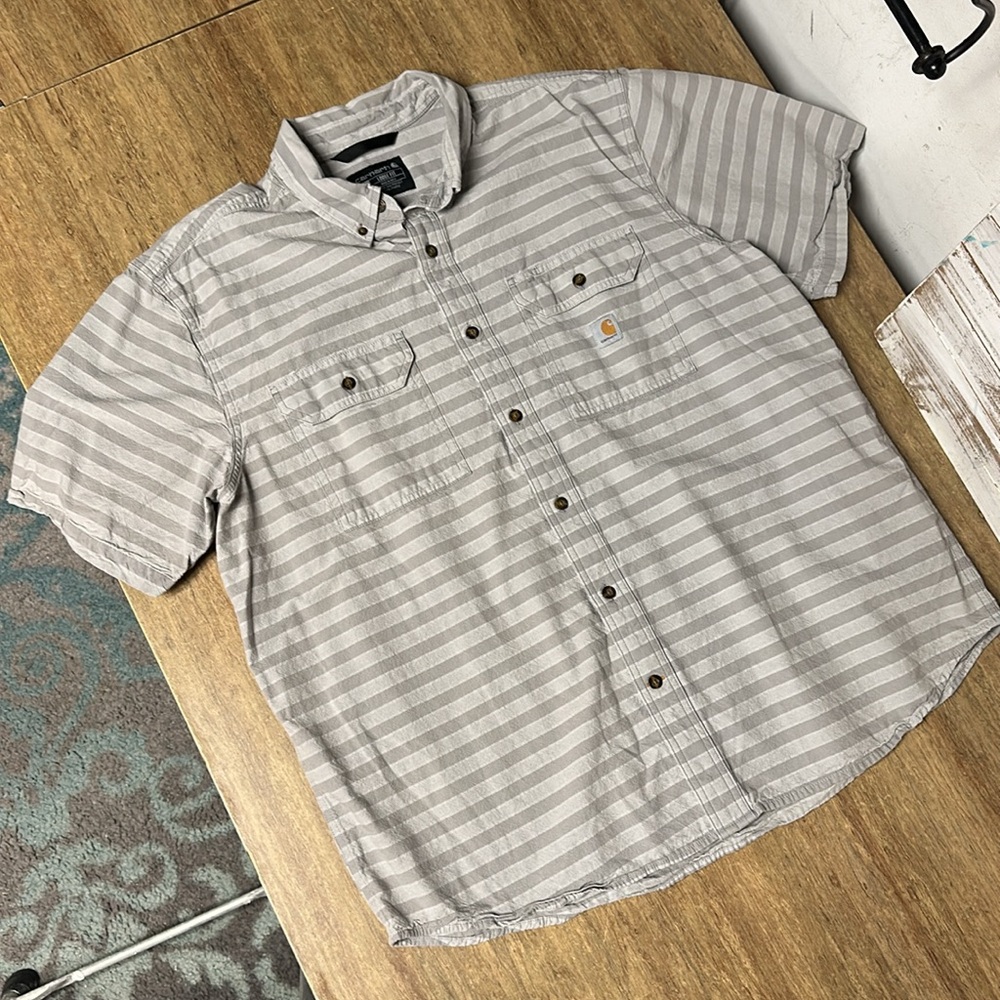 Carhartt great shape 100% cotton stripe loose fit button up pocket logo shirt - Picture 3 of 7